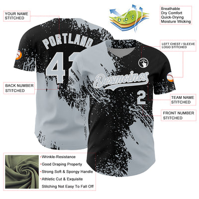Custom Silver Black-White 3D Pattern Design Abstract Brush Stroke Authentic Baseball Jersey
