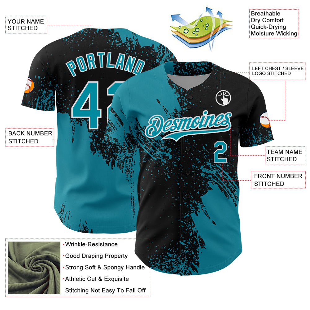 Custom Teal Black-White 3D Pattern Design Abstract Brush Stroke Authentic Baseball Jersey