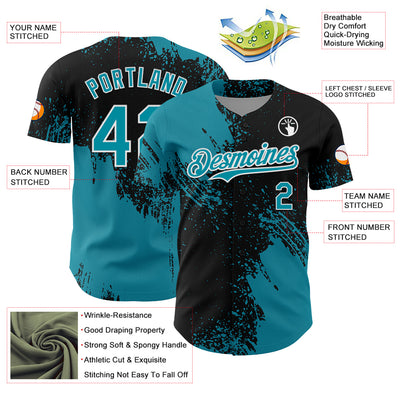 Custom Teal Black-White 3D Pattern Design Abstract Brush Stroke Authentic Baseball Jersey