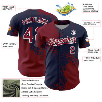 Custom Crimson Navy-White 3D Pattern Design Abstract Brush Stroke Authentic Baseball Jersey