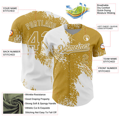 Custom White Old Gold 3D Pattern Design Abstract Brush Stroke Authentic Baseball Jersey