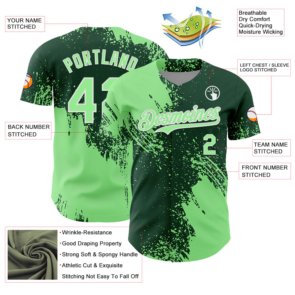 Custom Pea Green Green-White 3D Pattern Design Abstract Brush Stroke Authentic Baseball Jersey