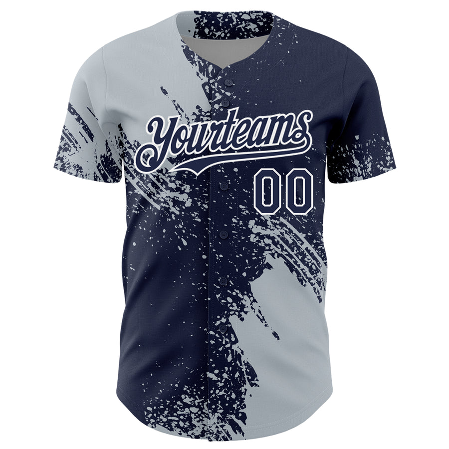 Custom Silver Navy-White 3D Pattern Design Abstract Brush Stroke Authentic Baseball Jersey