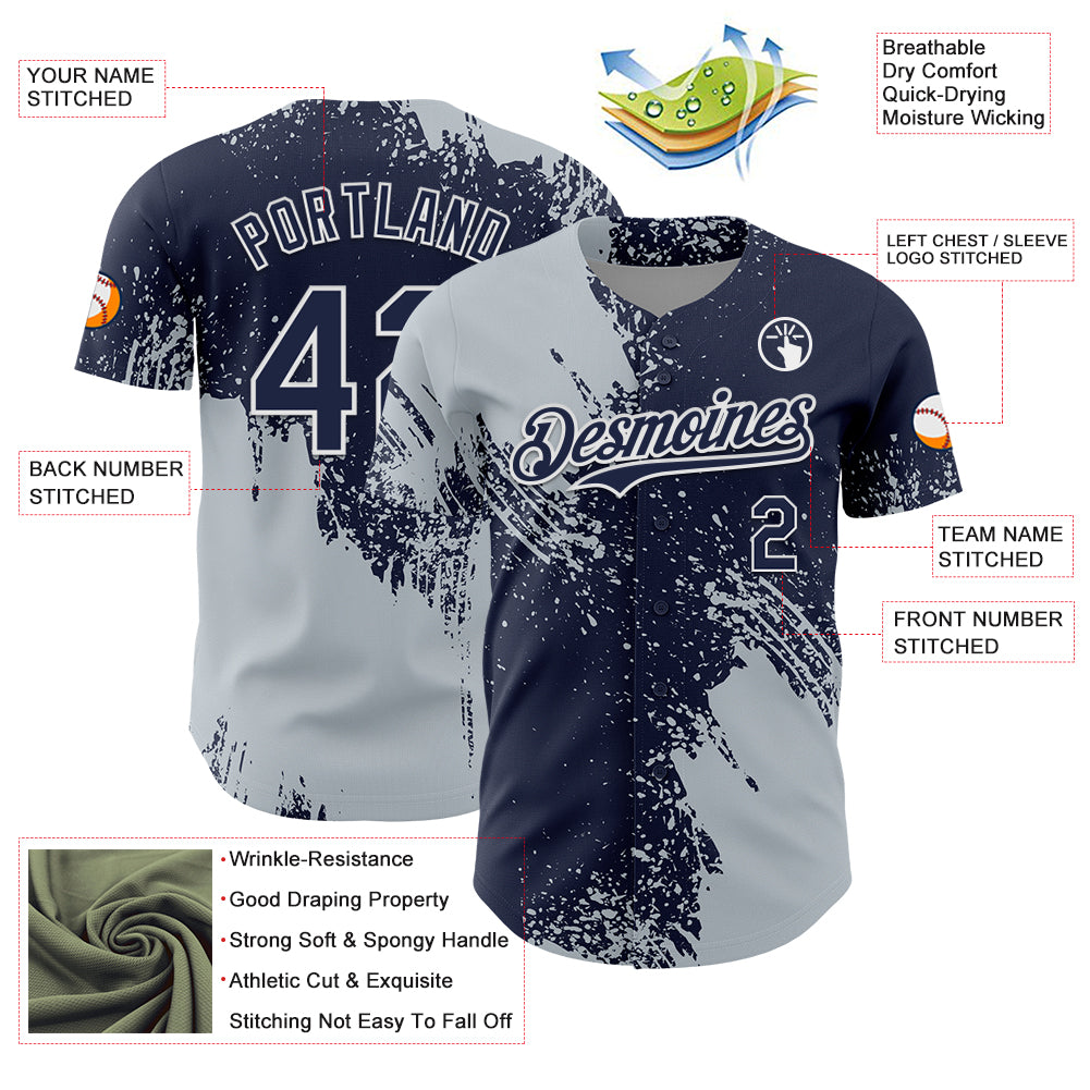 Custom Silver Navy-White 3D Pattern Design Abstract Brush Stroke Authentic Baseball Jersey