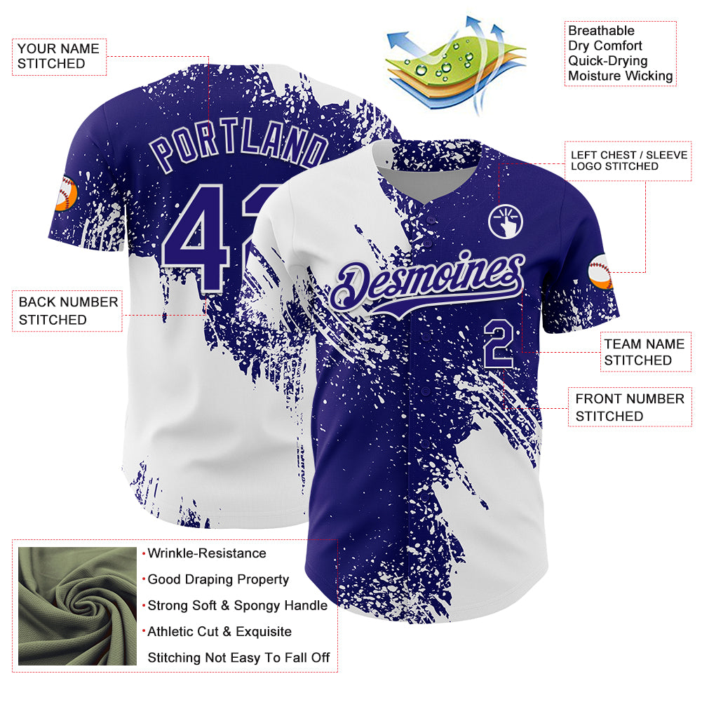 Custom White Dark Purple 3D Pattern Design Abstract Brush Stroke Authentic Baseball Jersey