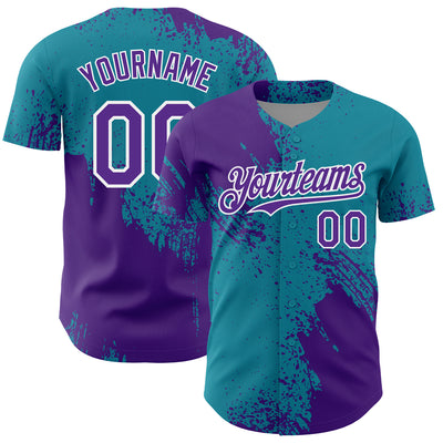 Custom Purple Teal-White 3D Pattern Design Abstract Brush Stroke Authentic Baseball Jersey