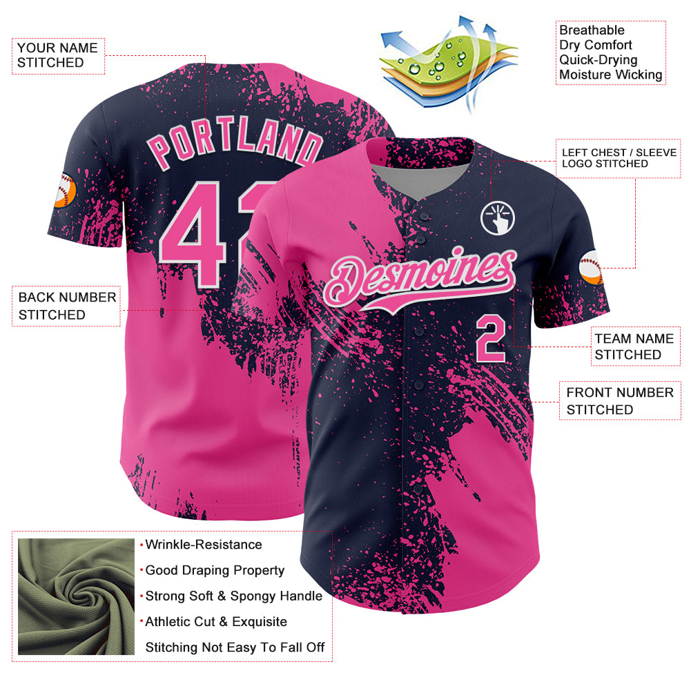 Custom Pink Navy-White 3D Pattern Design Abstract Brush Stroke Authentic Baseball Jersey