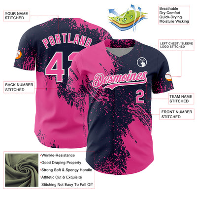 Custom Pink Navy-White 3D Pattern Design Abstract Brush Stroke Authentic Baseball Jersey