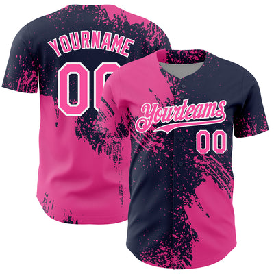 Custom Pink Navy-White 3D Pattern Design Abstract Brush Stroke Authentic Baseball Jersey