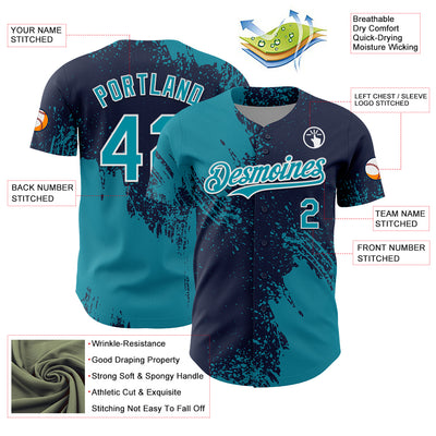 Custom Teal Navy-White 3D Pattern Design Abstract Brush Stroke Authentic Baseball Jersey