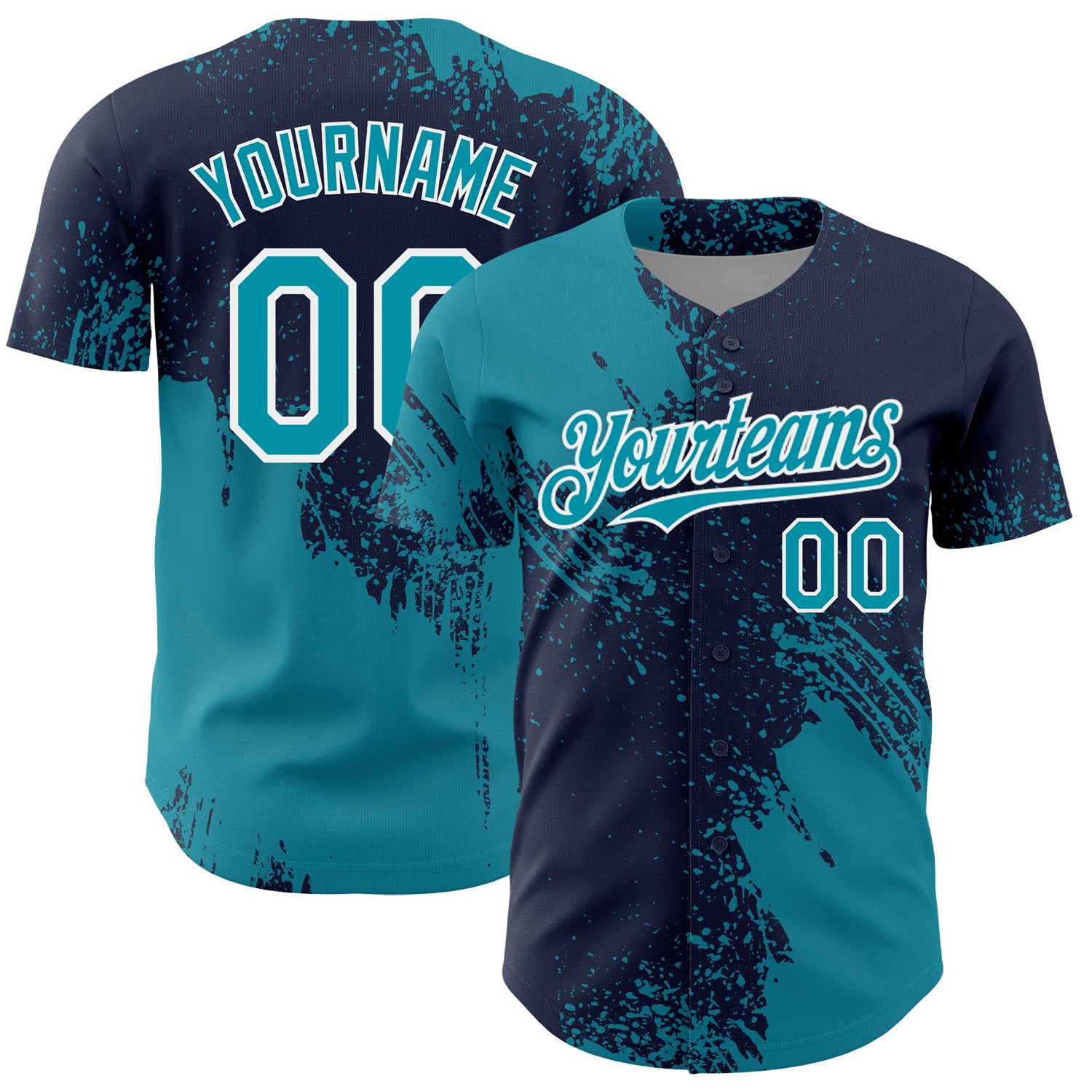Custom Teal Navy-White 3D Pattern Design Abstract Brush Stroke Authentic Baseball Jersey