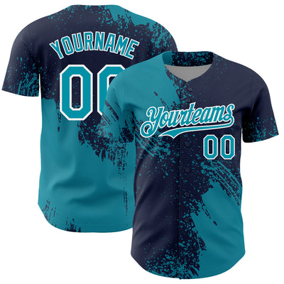 Custom Teal Navy-White 3D Pattern Design Abstract Brush Stroke Authentic Baseball Jersey
