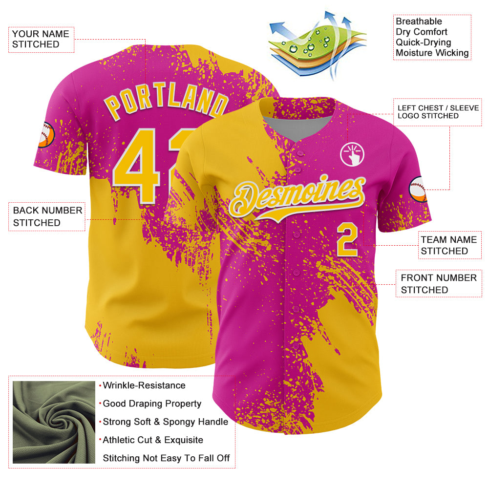 Custom Yellow Deep Pink-White 3D Pattern Design Abstract Brush Stroke Authentic Baseball Jersey