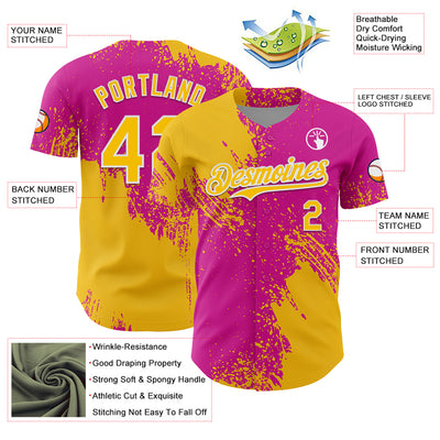 Custom Yellow Deep Pink-White 3D Pattern Design Abstract Brush Stroke Authentic Baseball Jersey