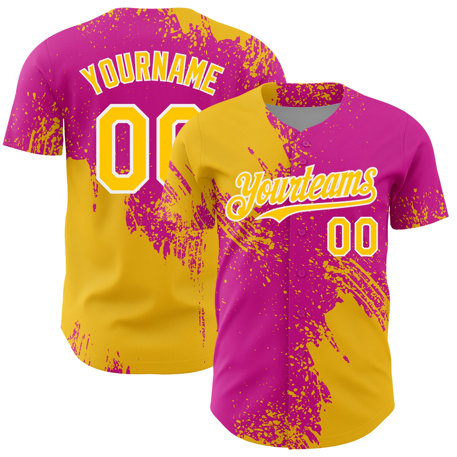 Custom Yellow Deep Pink-White 3D Pattern Design Abstract Brush Stroke Authentic Baseball Jersey