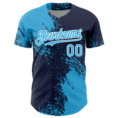 Custom Sky Blue Navy-White 3D Pattern Design Abstract Brush Stroke Authentic Baseball Jersey