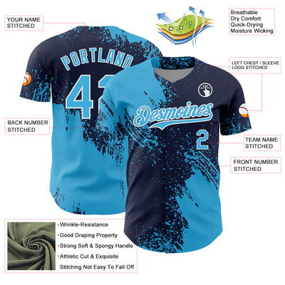 Custom Sky Blue Navy-White 3D Pattern Design Abstract Brush Stroke Authentic Baseball Jersey