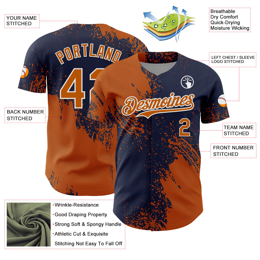 Custom Texas Orange Navy-White 3D Pattern Design Abstract Brush Stroke Authentic Baseball Jersey