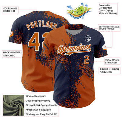 Custom Texas Orange Navy-White 3D Pattern Design Abstract Brush Stroke Authentic Baseball Jersey