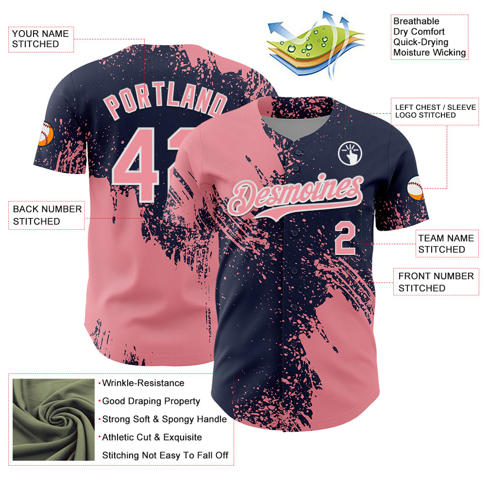 Custom Medium Pink Navy-White 3D Pattern Design Abstract Brush Stroke Authentic Baseball Jersey