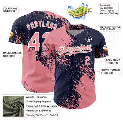 Custom Medium Pink Navy-White 3D Pattern Design Abstract Brush Stroke Authentic Baseball Jersey