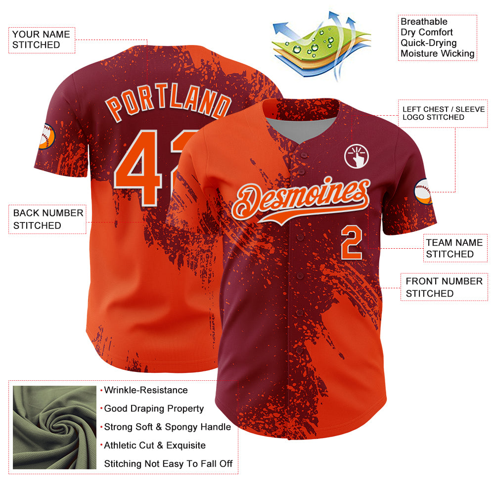 Custom Orange Crimson-White 3D Pattern Design Abstract Brush Stroke Authentic Baseball Jersey