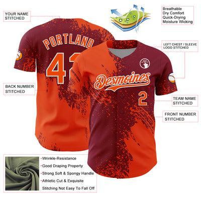 Custom Orange Crimson-White 3D Pattern Design Abstract Brush Stroke Authentic Baseball Jersey