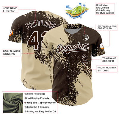 Custom Cream Brown-White 3D Pattern Design Abstract Brush Stroke Authentic Baseball Jersey