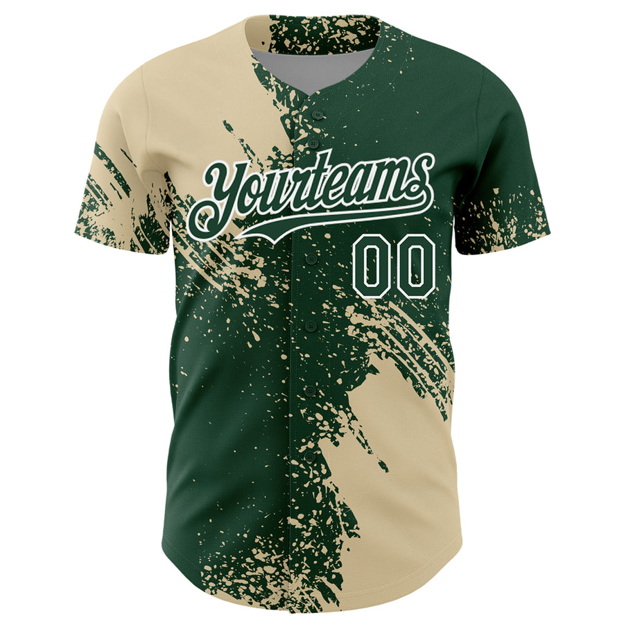 Custom Cream Green-White 3D Pattern Design Abstract Brush Stroke Authentic Baseball Jersey