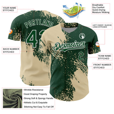 Custom Cream Green-White 3D Pattern Design Abstract Brush Stroke Authentic Baseball Jersey