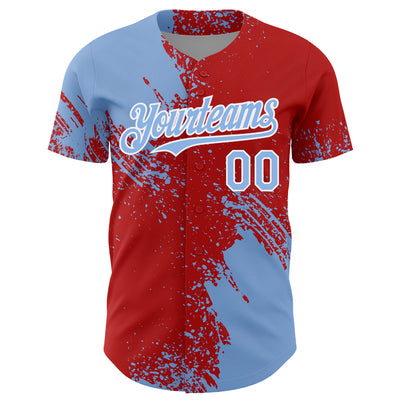 Custom Light Blue Red-White 3D Pattern Design Abstract Brush Stroke Authentic Baseball Jersey