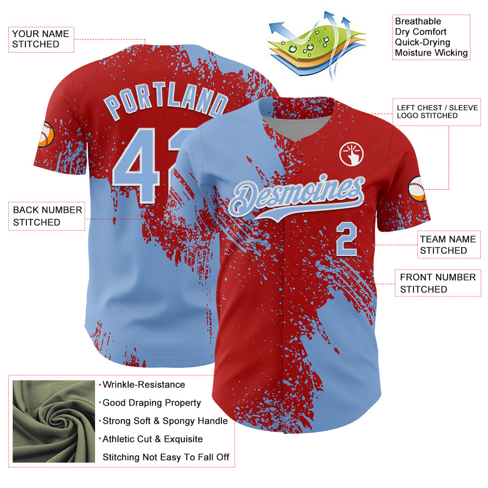 Custom Light Blue Red-White 3D Pattern Design Abstract Brush Stroke Authentic Baseball Jersey