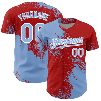 Custom Light Blue Red-White 3D Pattern Design Abstract Brush Stroke Authentic Baseball Jersey