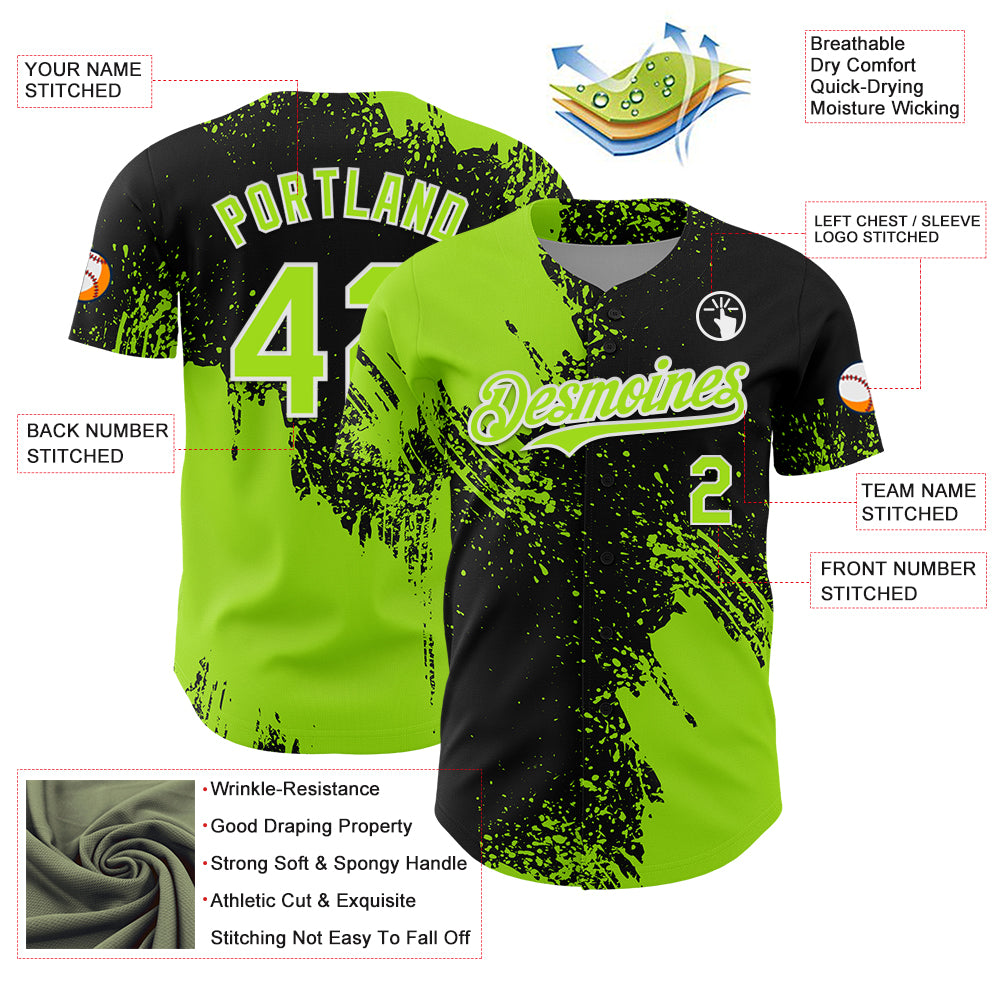Custom Neon Green Black-White 3D Pattern Design Abstract Brush Stroke Authentic Baseball Jersey