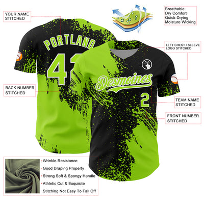 Custom Neon Green Black-White 3D Pattern Design Abstract Brush Stroke Authentic Baseball Jersey