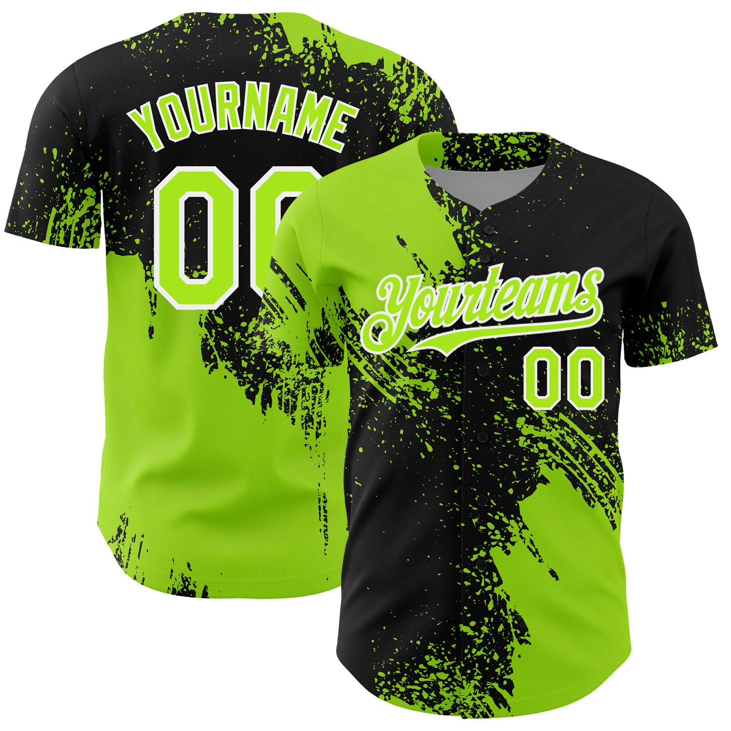 Custom Neon Green Black-White 3D Pattern Design Abstract Brush Stroke Authentic Baseball Jersey