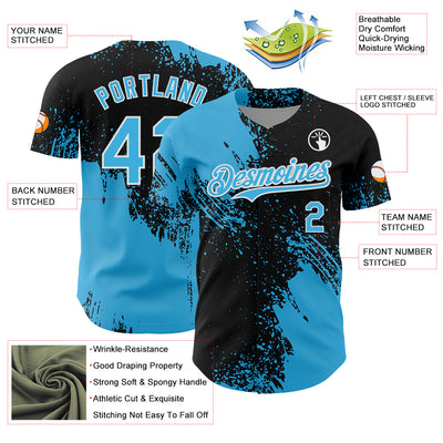 Custom Sky Blue Black-White 3D Pattern Design Abstract Brush Stroke Authentic Baseball Jersey