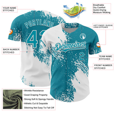 Custom White Teal 3D Pattern Design Abstract Brush Stroke Authentic Baseball Jersey