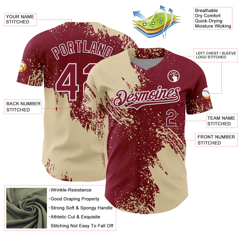 Custom Cream Crimson-White 3D Pattern Design Abstract Brush Stroke Authentic Baseball Jersey