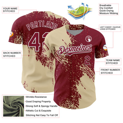 Custom Cream Crimson-White 3D Pattern Design Abstract Brush Stroke Authentic Baseball Jersey