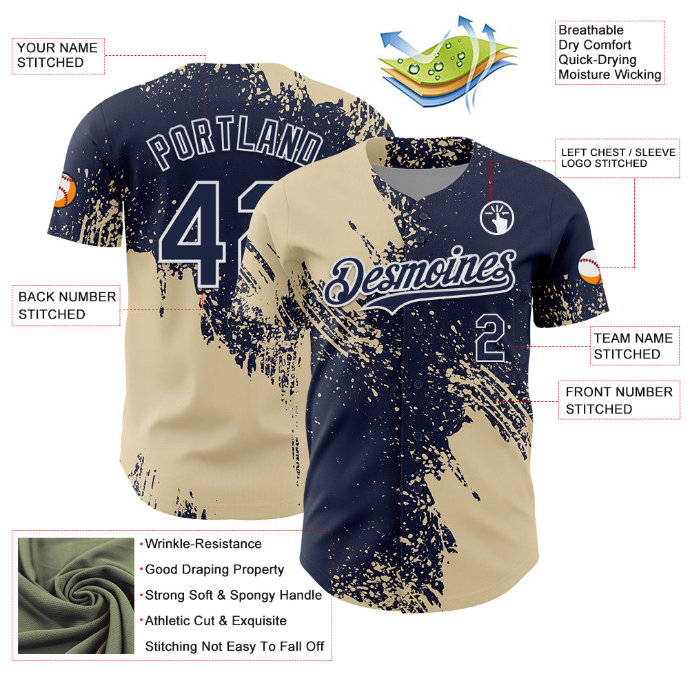 Custom Cream Navy-White 3D Pattern Design Abstract Brush Stroke Authentic Baseball Jersey