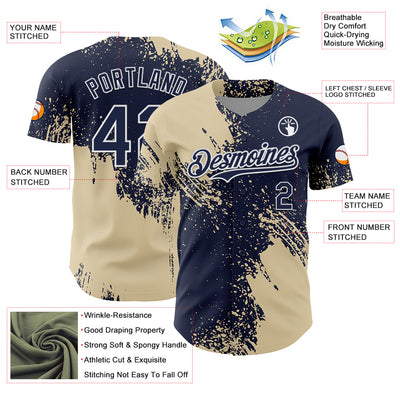 Custom Cream Navy-White 3D Pattern Design Abstract Brush Stroke Authentic Baseball Jersey