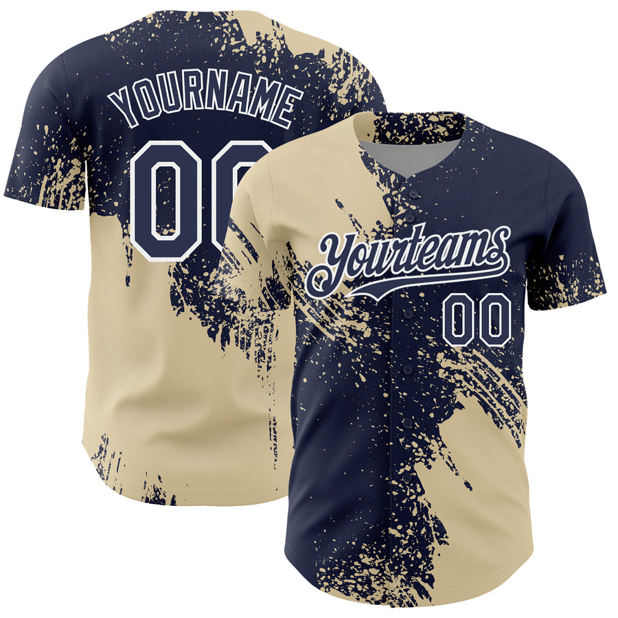 Custom Cream Navy-White 3D Pattern Design Abstract Brush Stroke Authentic Baseball Jersey