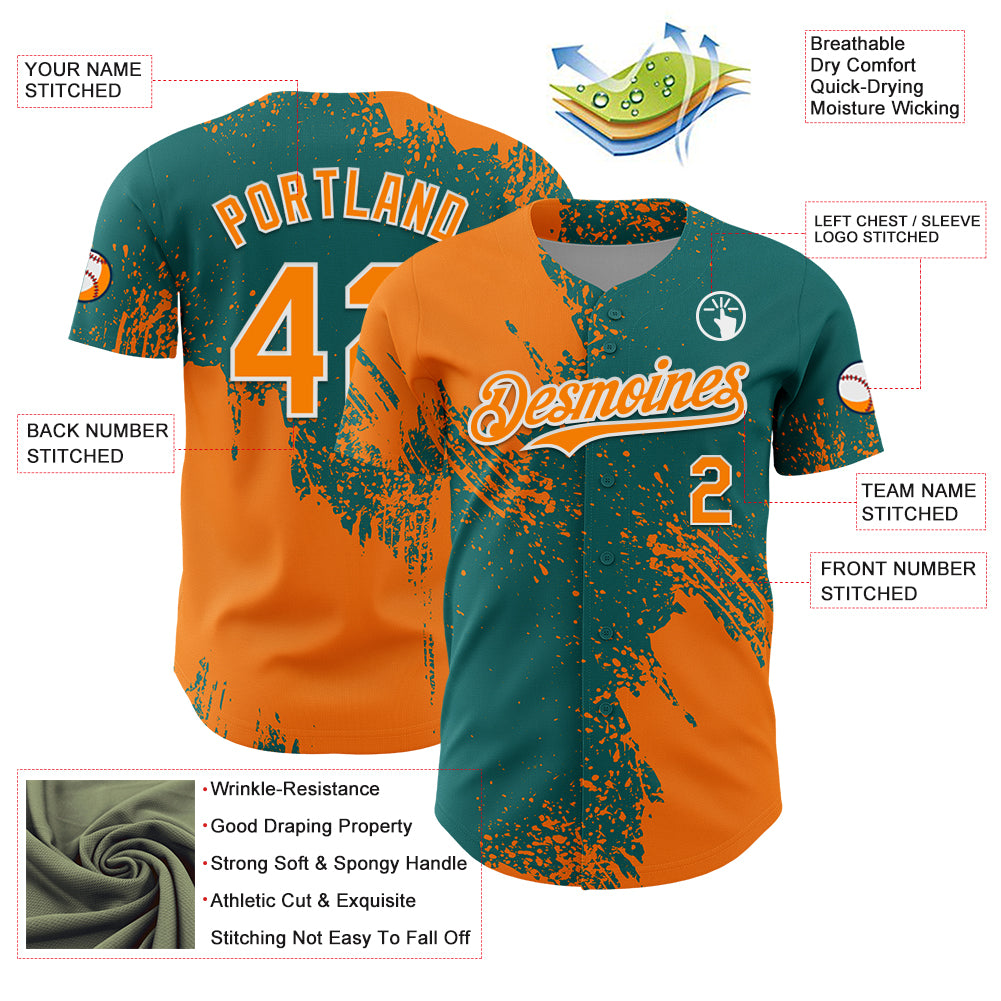 Custom Bay Orange Teal-White 3D Pattern Design Abstract Brush Stroke Authentic Baseball Jersey