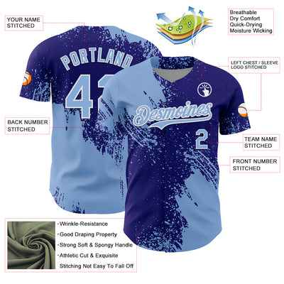 Custom Light Blue Dark Purple-White 3D Pattern Design Abstract Brush Stroke Authentic Baseball Jersey