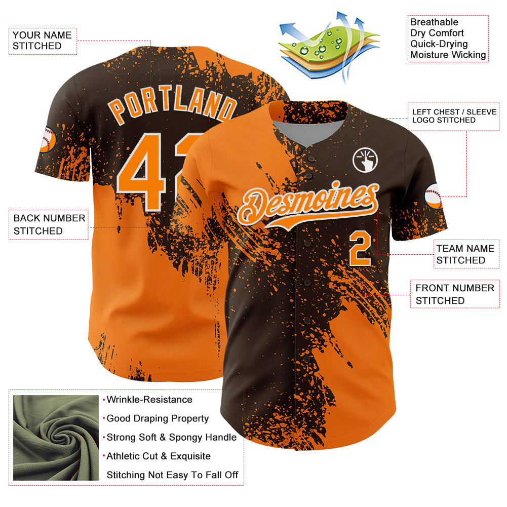 Custom Bay Orange Brown-White 3D Pattern Design Abstract Brush Stroke Authentic Baseball Jersey