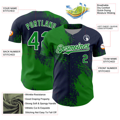 Custom Grass Green Navy-White 3D Pattern Design Abstract Brush Stroke Authentic Baseball Jersey