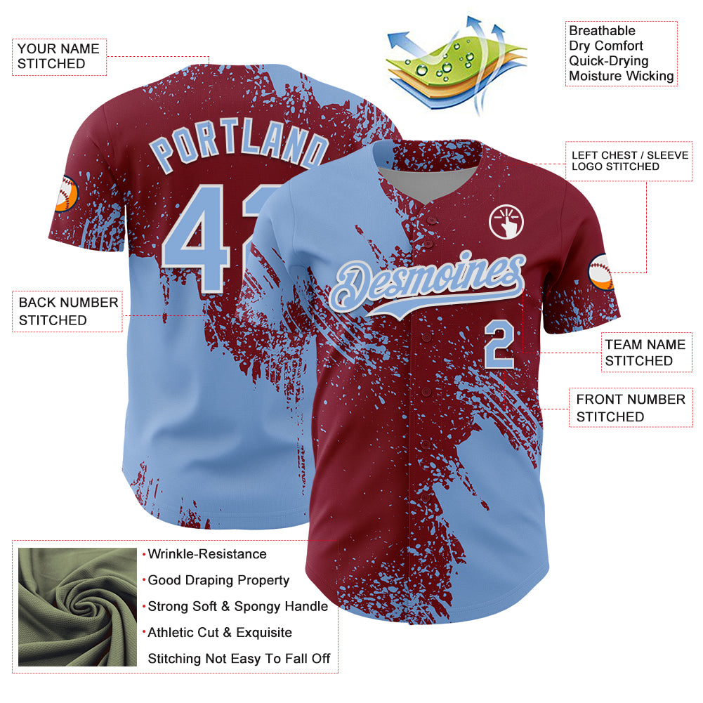 Custom Light Blue Crimson-White 3D Pattern Design Abstract Brush Stroke Authentic Baseball Jersey