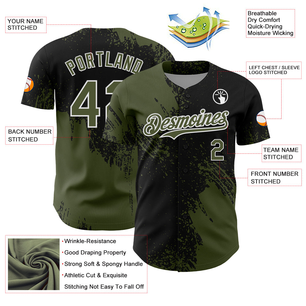 Custom Olive Black-White 3D Pattern Design Abstract Brush Stroke Authentic Baseball Jersey