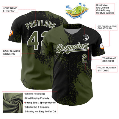 Custom Olive Black-White 3D Pattern Design Abstract Brush Stroke Authentic Baseball Jersey